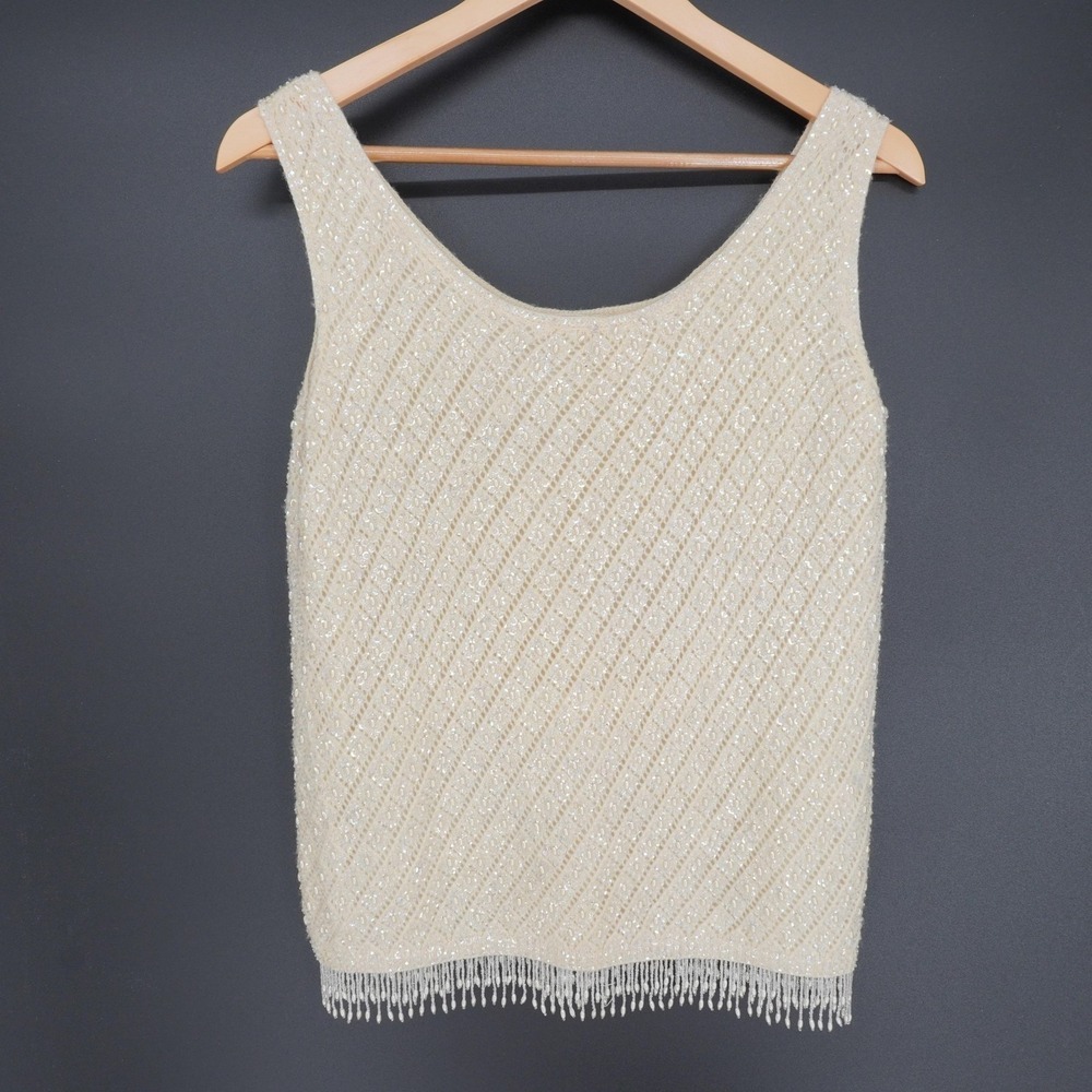 Vintage Hand Beaded Tank Womens 38 M Ivory Sequin Fringe Lambswool Camisole Top - Picture 1 of 13